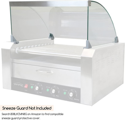 PartyHut 30 Hot Dog Roller Warmer Grill Cooker Machine, Commercial Grade, (with Bun Warmer Drawer, 11 Non-Stick Rollers, 30 Hot Dog Sausage Grill Cooker, and Removable Stainless Steel Drip Tray) - Barbecue Whizz...Watch My Smoke!