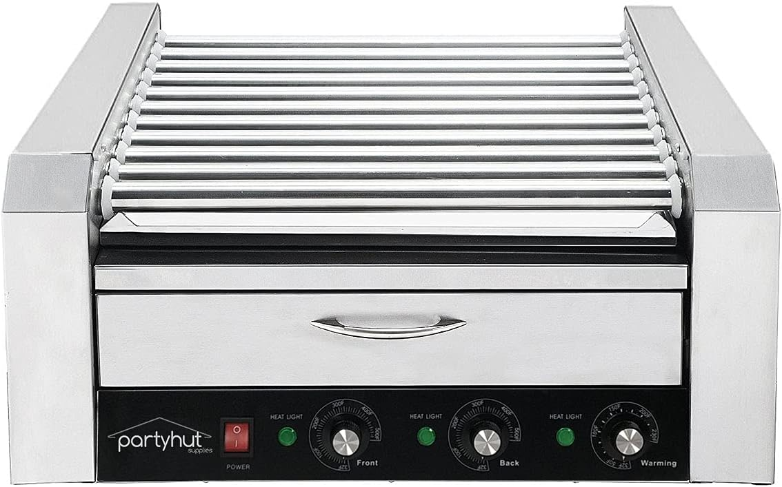 PartyHut 30 Hot Dog Roller Warmer Grill Cooker Machine, Commercial Grade, (with Bun Warmer Drawer, 11 Non-Stick Rollers, 30 Hot Dog Sausage Grill Cooker, and Removable Stainless Steel Drip Tray) - Barbecue Whizz...Watch My Smoke!