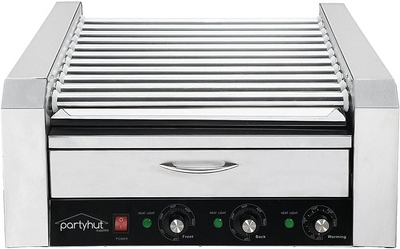 PartyHut 30 Hot Dog Roller Warmer Grill Cooker Machine, Commercial Grade, (with Bun Warmer Drawer, 11 Non-Stick Rollers, 30 Hot Dog Sausage Grill Cooker, and Removable Stainless Steel Drip Tray) - Barbecue Whizz...Watch My Smoke!