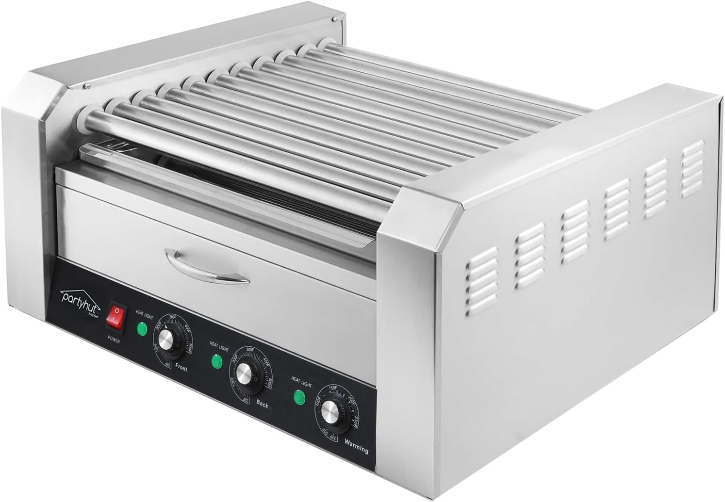 PartyHut 30 Hot Dog Roller Warmer Grill Cooker Machine, Commercial Grade, (with Bun Warmer Drawer, 11 Non-Stick Rollers, 30 Hot Dog Sausage Grill Cooker, and Removable Stainless Steel Drip Tray) - Barbecue Whizz...Watch My Smoke!
