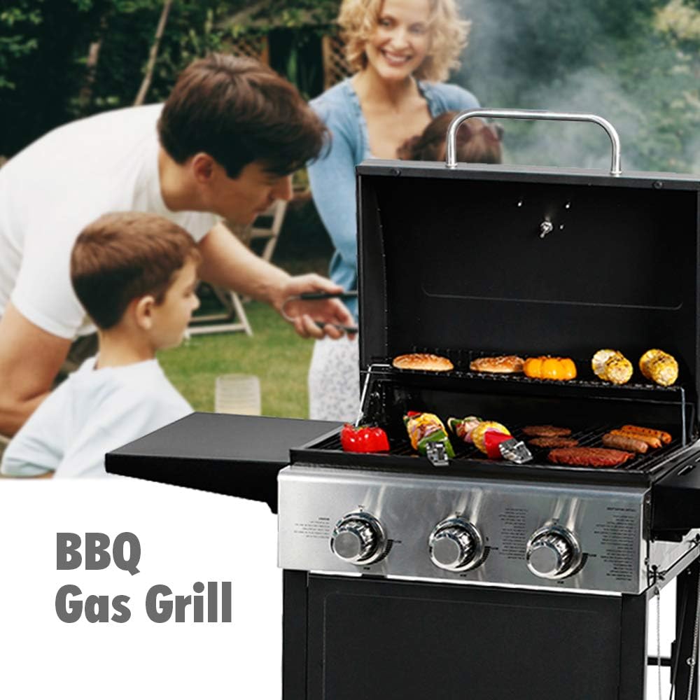MASTER COOK 3 Burner BBQ Propane Gas Grill, Stainless Steel 30,000 BTU Patio Garden Barbecue Grill with Two Foldable Shelves - Barbecue Whizz...Watch My Smoke!