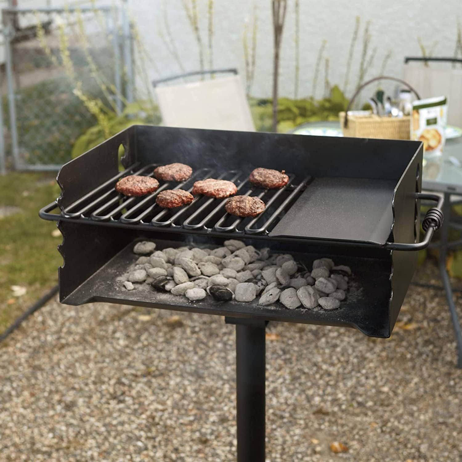 Pilot Rock CBP-247 Jumbo Park Style Heavy Duty Steel Outdoor BBQ Charcoal Grill with Cooking Grate and 2 Piece Post for Camping and Backyards, Black - Barbecue Whizz...Watch My Smoke!