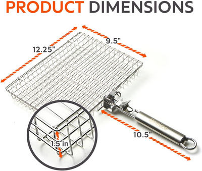 Stainless Steel Large Grill Basket with Easy Open/Close Lid and Removable Handle - 12.25 x 9.5 x 1.5 Inches - Includes Carry/Storage Bag for - Barbecue Whizz...Watch My Smoke!