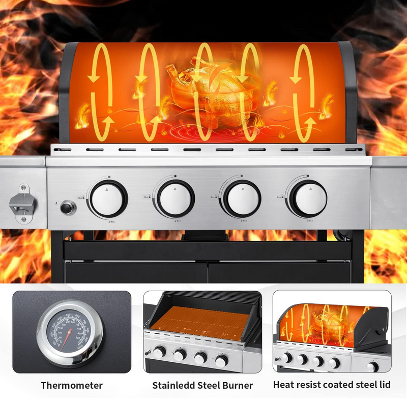 MELLCOM 4 Burner BBQ Propane Gas Grill, 42,000 BTU Stainless Steel Patio Garden Barbecue Grill with Stove and Side Table - Barbecue Whizz...Watch My Smoke!