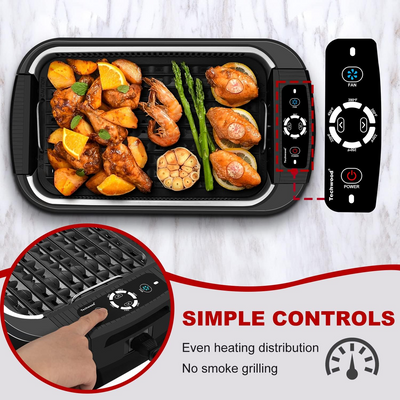 Techwood Indoor Smokeless Grill 1500W Electric Grill with Tempered Glass Lid, Compact & Portable Non-Stick BBQ Grill with Turbo Smoke Extractor Technology, LED Smart Control Panel, Black - Barbecue Whizz...Watch My Smoke!