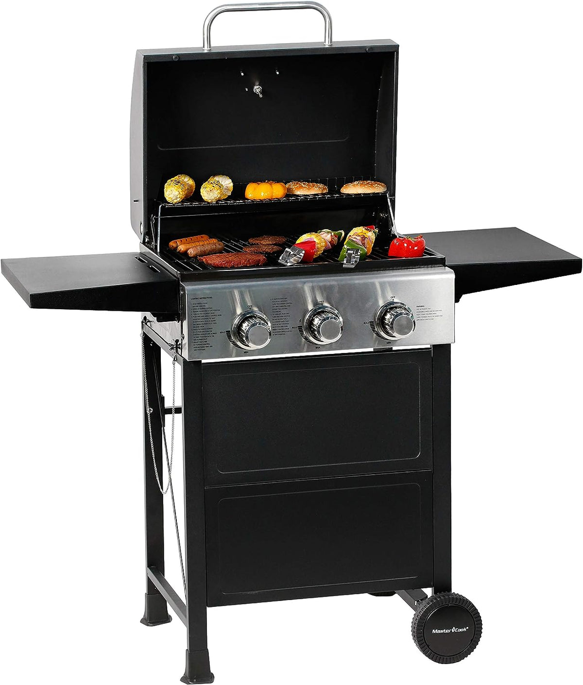 MASTER COOK 3 Burner BBQ Propane Gas Grill, Stainless Steel 30,000 BTU Patio Garden Barbecue Grill with Two Foldable Shelves - Barbecue Whizz...Watch My Smoke!