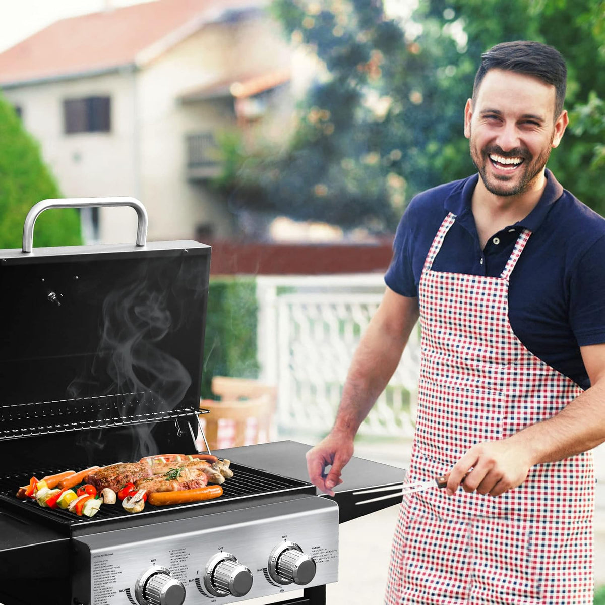 MASTER COOK 3 Burner BBQ Propane Gas Grill, Stainless Steel 30,000 BTU Patio Garden Barbecue Grill with Two Foldable Shelves - Barbecue Whizz...Watch My Smoke!