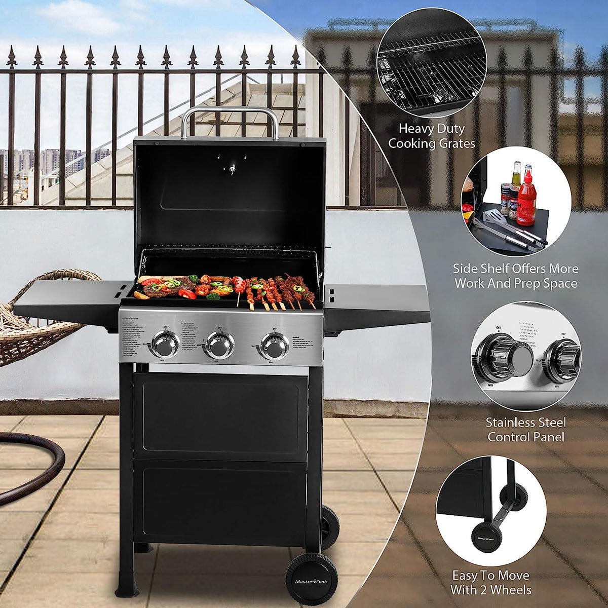 MASTER COOK 3 Burner BBQ Propane Gas Grill, Stainless Steel 30,000 BTU Patio Garden Barbecue Grill with Two Foldable Shelves - Barbecue Whizz...Watch My Smoke!