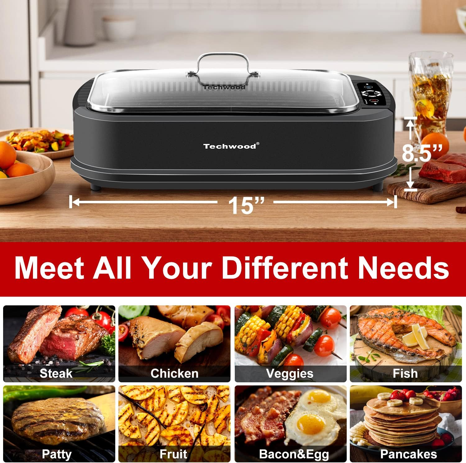 Techwood Indoor Smokeless Grill 1500W Electric Grill with Tempered Glass Lid, Compact & Portable Non-Stick BBQ Grill with Turbo Smoke Extractor Technology, LED Smart Control Panel, Black - Barbecue Whizz...Watch My Smoke!