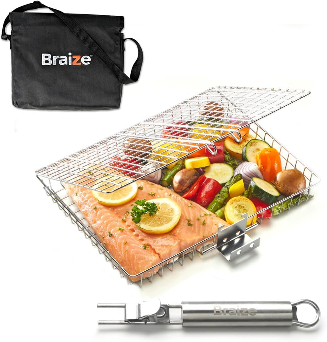 Stainless Steel Large Grill Basket with Easy Open/Close Lid and Removable Handle - 12.25 x 9.5 x 1.5 Inches - Includes Carry/Storage Bag for - Barbecue Whizz...Watch My Smoke!