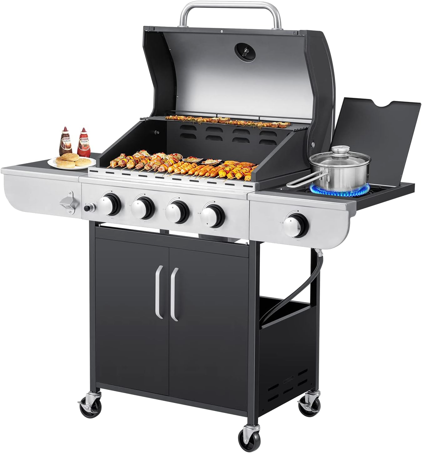 MELLCOM 4 Burner BBQ Propane Gas Grill, 42,000 BTU Stainless Steel Patio Garden Barbecue Grill with Stove and Side Table - Barbecue Whizz...Watch My Smoke!