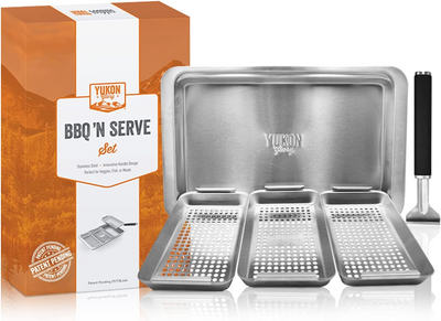 Yukon Glory™ BBQ 'N SERVE Grill Basket Set - Includes 3 Grilling Baskets a Serving Tray & Clip-on Handle - "Patented Grill-to-Table Design" Perfect For Grilling Fish Veggies & Meats - Barbecue Whizz...Watch My Smoke!