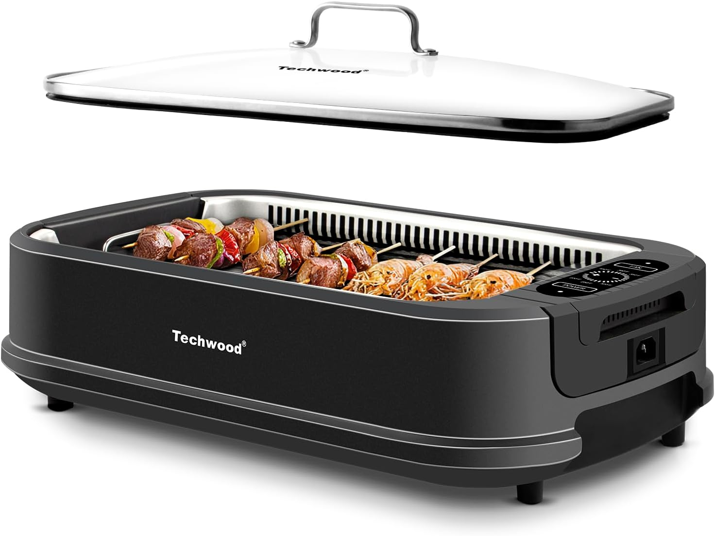 Techwood Indoor Smokeless Grill 1500W Electric Grill with Tempered Glass Lid, Compact & Portable Non-Stick BBQ Grill with Turbo Smoke Extractor Technology, LED Smart Control Panel, Black - Barbecue Whizz...Watch My Smoke!