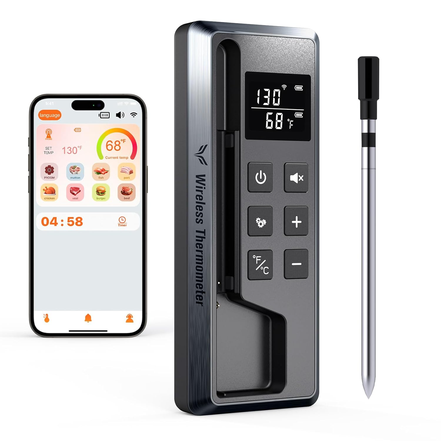 Wireless Meat Thermometer Digital, 800FT Long Range Bluetooth Cooking Thermometer, Food Thermometer for Remote Monitoring of Grill, Oven, Smoker, Air Fryer, Rotisserie, iOS & Android App - Barbecue Whizz...Watch My Smoke!