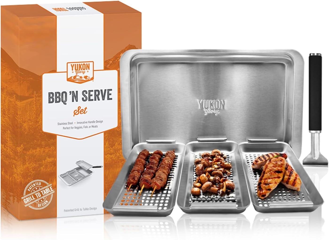 Yukon Glory™ BBQ 'N SERVE Grill Basket Set - Includes 3 Grilling Baskets a Serving Tray & Clip-on Handle - "Patented Grill-to-Table Design" Perfect For Grilling Fish Veggies & Meats - Barbecue Whizz...Watch My Smoke!