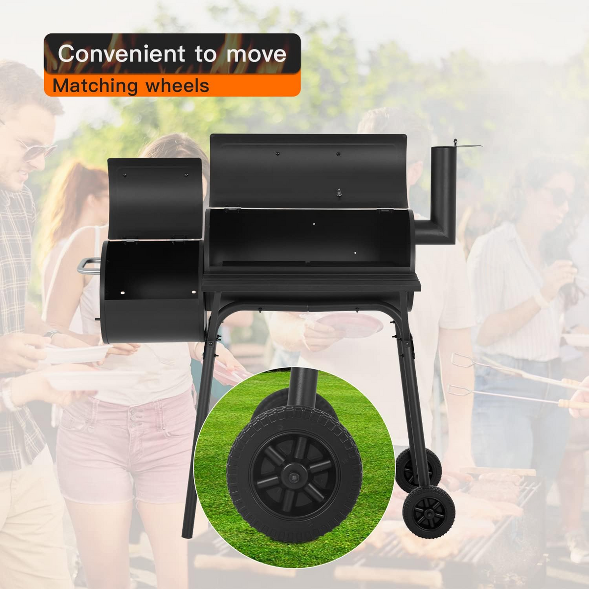 43-inch Charcoal Outdoor BBQ Grill - Portable Camping Grill for 6-10 People, Offset Smoker, Braised Roast, Patio and Backyard Picnic Grill - Barbecue Whizz...Watch My Smoke!