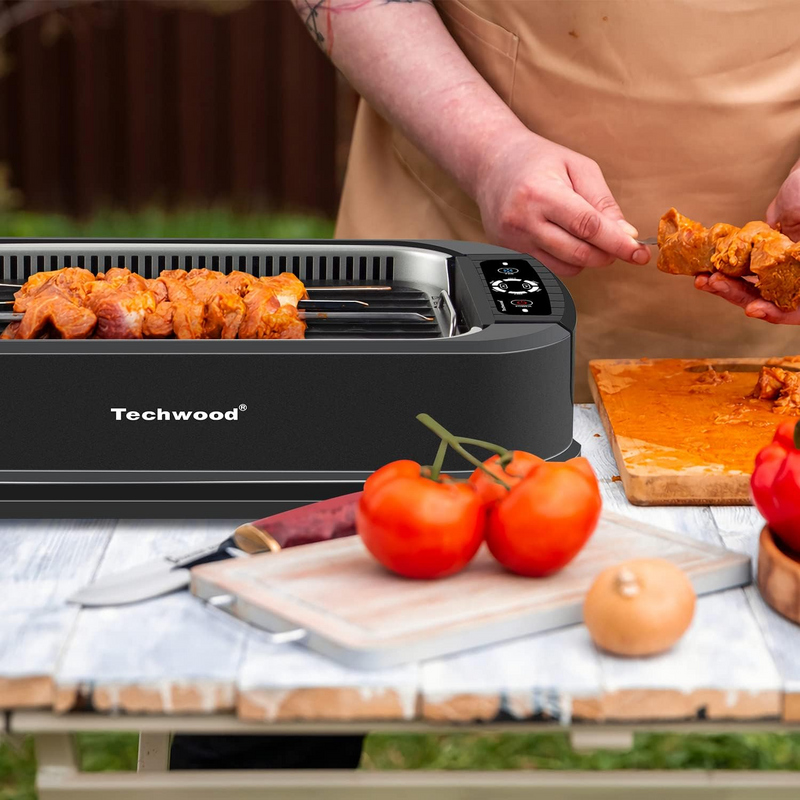 Techwood Indoor Smokeless Grill 1500W Electric Grill with Tempered Glass Lid, Compact & Portable Non-Stick BBQ Grill with Turbo Smoke Extractor Technology, LED Smart Control Panel, Black - Barbecue Whizz...Watch My Smoke!