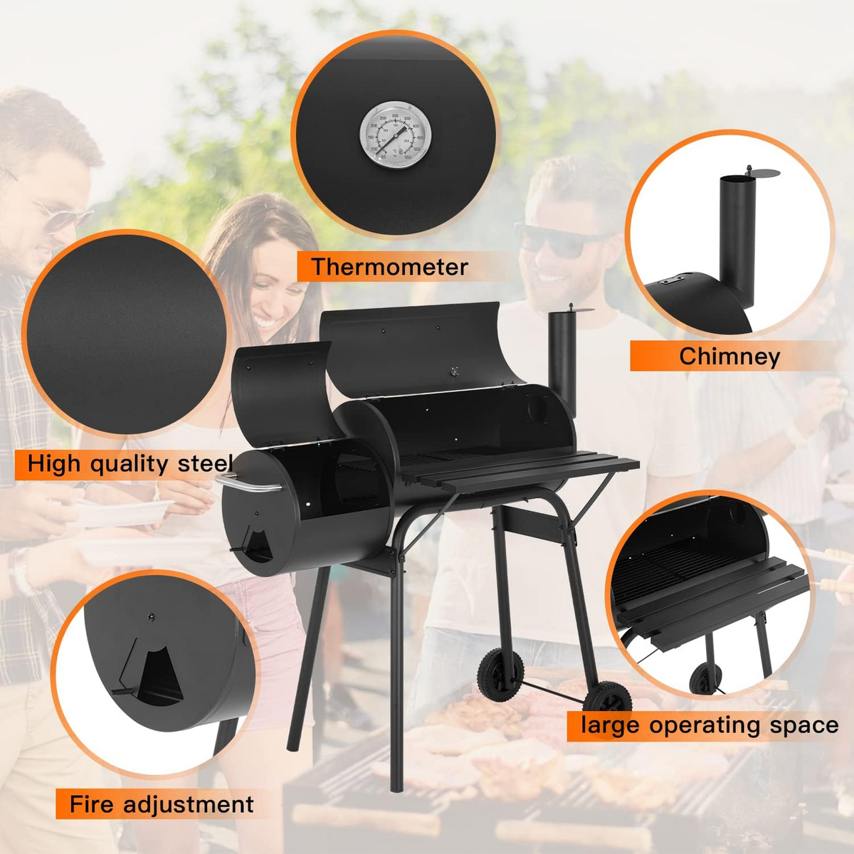 43-inch Charcoal Outdoor BBQ Grill - Portable Camping Grill for 6-10 People, Offset Smoker, Braised Roast, Patio and Backyard Picnic Grill - Barbecue Whizz...Watch My Smoke!