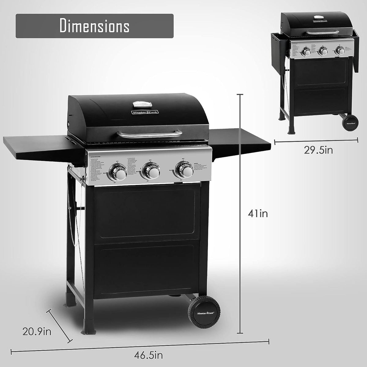 MASTER COOK 3 Burner BBQ Propane Gas Grill, Stainless Steel 30,000 BTU Patio Garden Barbecue Grill with Two Foldable Shelves - Barbecue Whizz...Watch My Smoke!