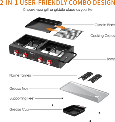 Royal Gourmet GD4002T Tailgater Tabletop Gas Grill Griddle, 4-Burner Portable Propane Grill Griddle Combo, for Backyard or Outdoor BBQ Cooking, 40,000 BTU, Black - Barbecue Whizz...Watch My Smoke!