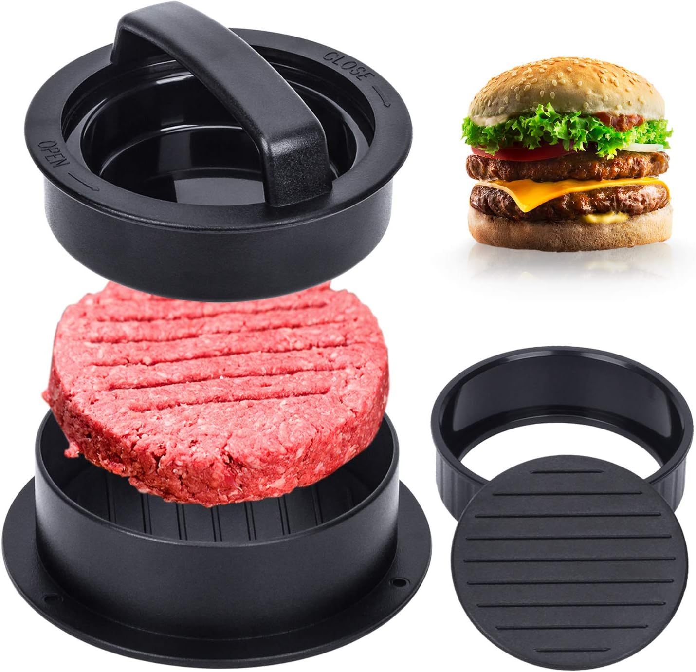 Hamburger Press, Hamburger Press Patty Maker, 3 in 1 Stuffed Burger Press Patty Maker, Patty Press for Stuffed Burgers, Sliders, Beef Burger, Non Stick Kitchen Barbecue Tool Grilling Accessories - Barbecue Whizz...Watch My Smoke!