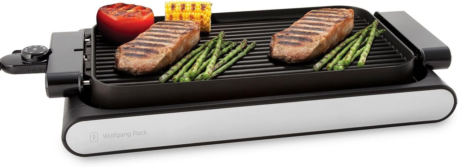 Wolfgang Puck XL Reversible Grill Griddle, Oversized Removable Cooking Plate, Nonstick Coating, Dishwasher Safe, Heats Up to 400ºF, Stay Cool Handles - Barbecue Whizz...Watch My Smoke!