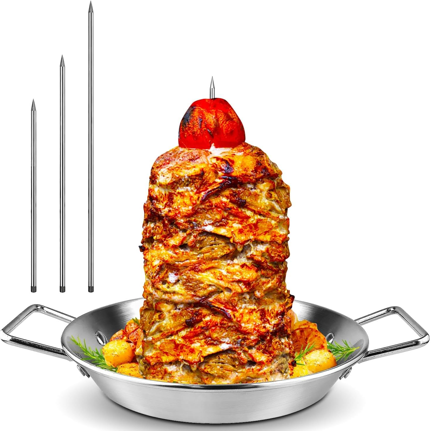 Al Pastor Skewer for Grill -Vertical Barbecue Stand Al Pastor, Kebabs, Shawarma, Gyros, with 10.5 inch base plate and 3 detachable sharp barbecue accessories (8 inches, 10 inches, and 12 inches) - Barbecue Whizz...Watch My Smoke!