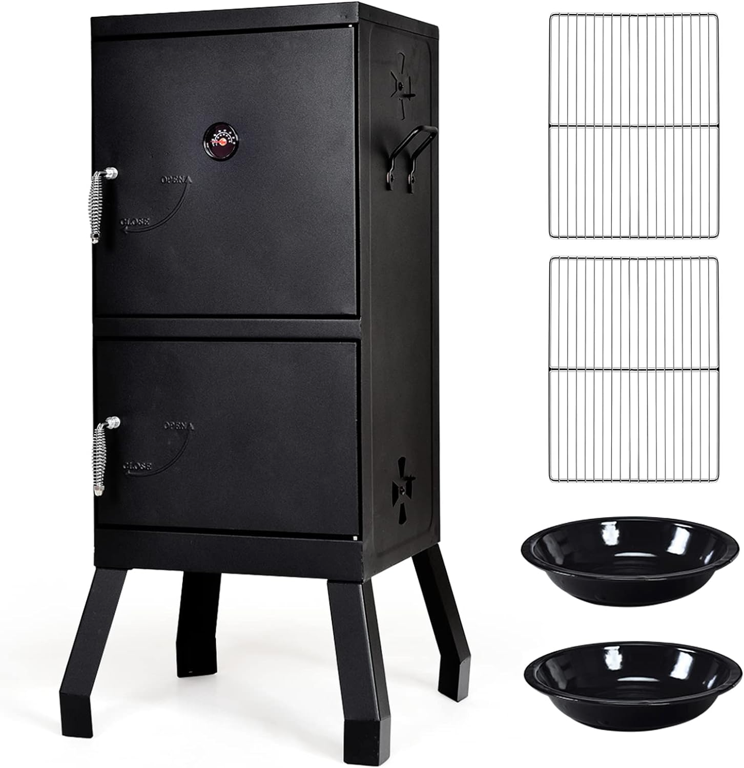 Giantex Outdoor Smoker with Double Doors, 2 Detachable Grill Netting Smoking Racks, Charcoal Pan & Water Pan, 4 Air Vents, Thermometer, Vertical Charcoal Smoker for Barbecue Camping Backyard Grill - Barbecue Whizz...Watch My Smoke!