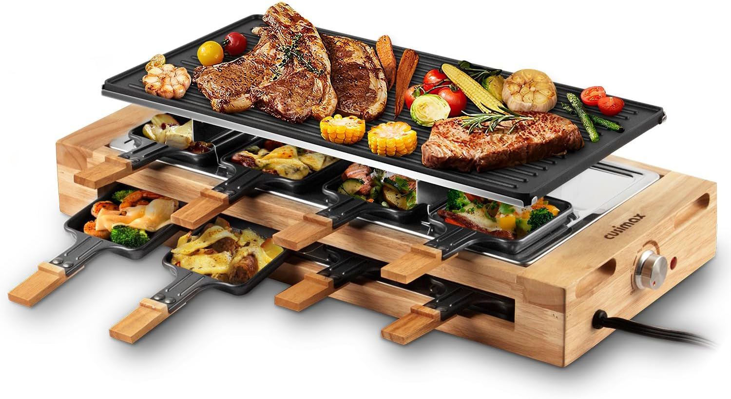 Indoor Grill, CUSIMAX Raclette Table Grill, 1500W Electric Grill Korean BBQ Grill with 2 in 1 Reversible Non-stick Plate/Wooden Base, Party Grill with 8 Trays & Wooden Spatulas, New Model - Barbecue Whizz...Watch My Smoke!