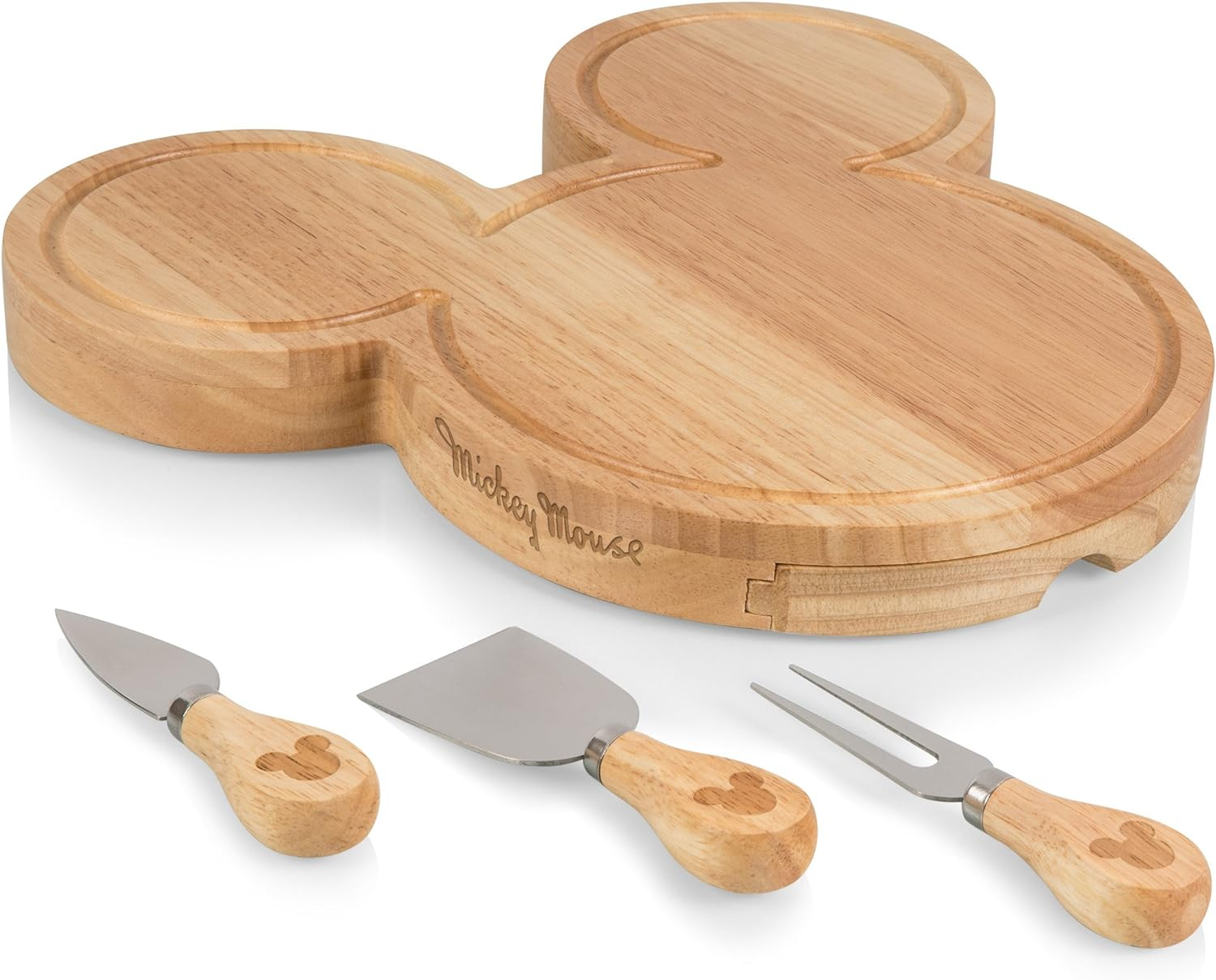PICNIC TIME Disney Mickey Mouse Head Shaped Cheese Board and Knife Set, Charcuterie Board Set, Wood Cutting Board with Cheese Knives, (Parawood) 11.75 x 12.5 x 1.2 - Barbecue Whizz...Watch My Smoke!