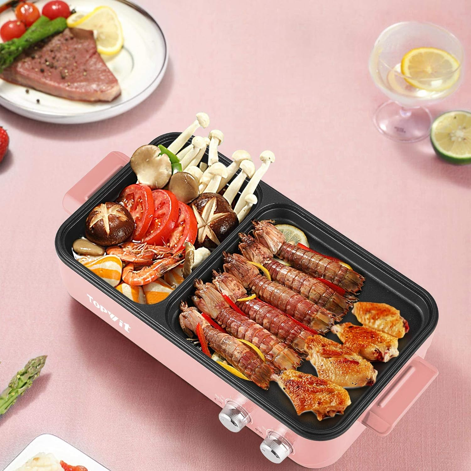 Topwit Hot Pot Electric with Grill, 2 in 1 Indoor Non-stick for Steaks, Shabu Shabu, Noodles, Simmer and Fry, Korean BBQ Grill, Independent Dual Temperature Control, Pink - Barbecue Whizz...Watch My Smoke!