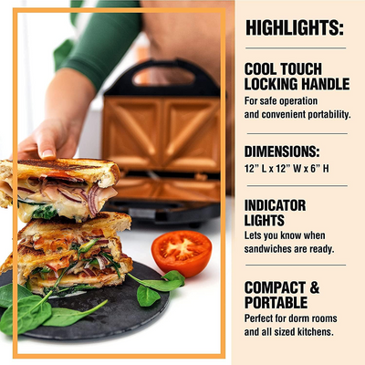 Gotham Steel Nonstick Panini Press Sandwich Maker, 2in1 Breakfast Sandwich Maker Grill / Sandwich Press Grill with Indicator Light, Grilled Cheese Maker Makes 2 Sandwiches with Easy Cut Edges - Barbecue Whizz...Watch My Smoke!