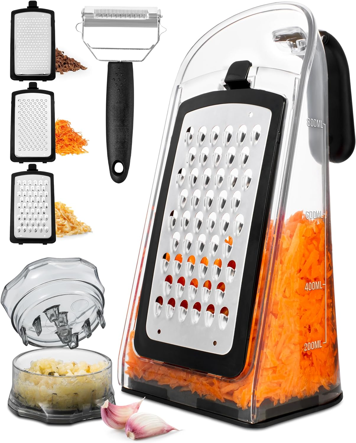 Cheese Grater with Garlic Crusher - Box Grater Cheese Shredder - Cheese Grater with Handle - Graters for Kitchen Stainless Steel Food Grater - Garlic Mincer Tool and Vegetable Peeler - Barbecue Whizz...Watch My Smoke!