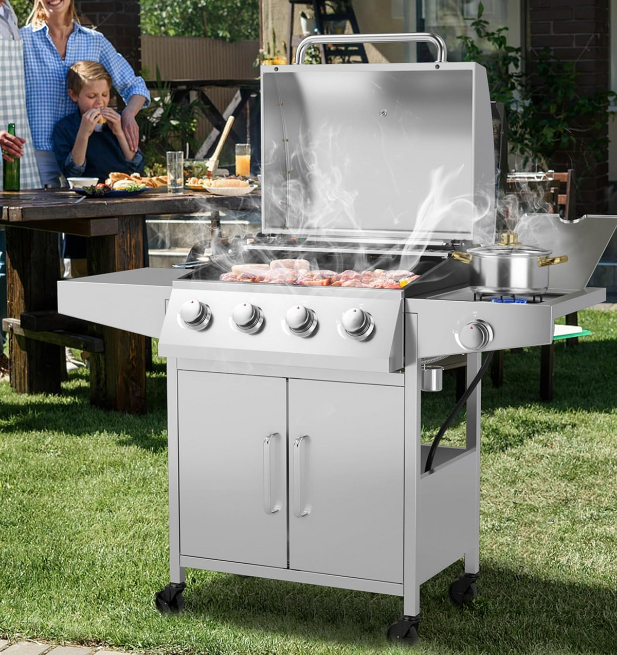 Giantex Propane Gas Grill 50,000 BTU, 4 Main Burners, 1 Side Burner, 2 Prep Tables, Stainless Steel Heavy-Duty BBQ Grill with 4 Wheels for Backyard Party Outdoor Cooking - Barbecue Whizz...Watch My Smoke!
