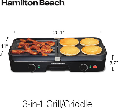 Hamilton Beach 3-in-1 Electric Indoor Grill + Griddle, 8-Serving, Reversible Nonstick Plates, 2 Cooking Zones with Adjustable Temperature (38546), Black - Barbecue Whizz...Watch My Smoke!