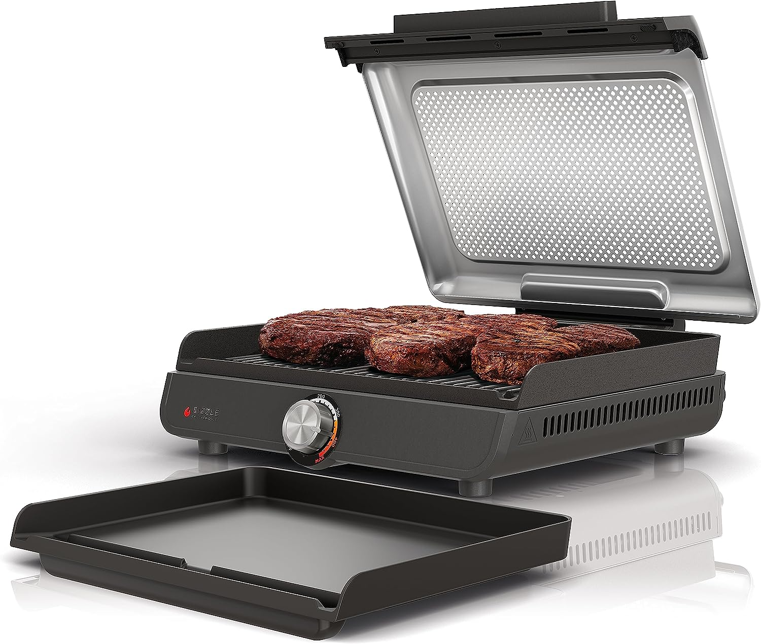 Ninja GR101 Sizzle Smokeless Indoor Grill & Griddle, 14'' Interchangeable Nonstick Plates, Dishwasher-Safe Removable Mesh Lid, 500F Max Heat, Even Edge-to-Edge Cooking, Grey/Silver - Barbecue Whizz...Watch My Smoke!