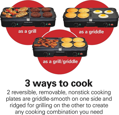 Hamilton Beach 3-in-1 Electric Indoor Grill + Griddle, 8-Serving, Reversible Nonstick Plates, 2 Cooking Zones with Adjustable Temperature (38546), Black - Barbecue Whizz...Watch My Smoke!