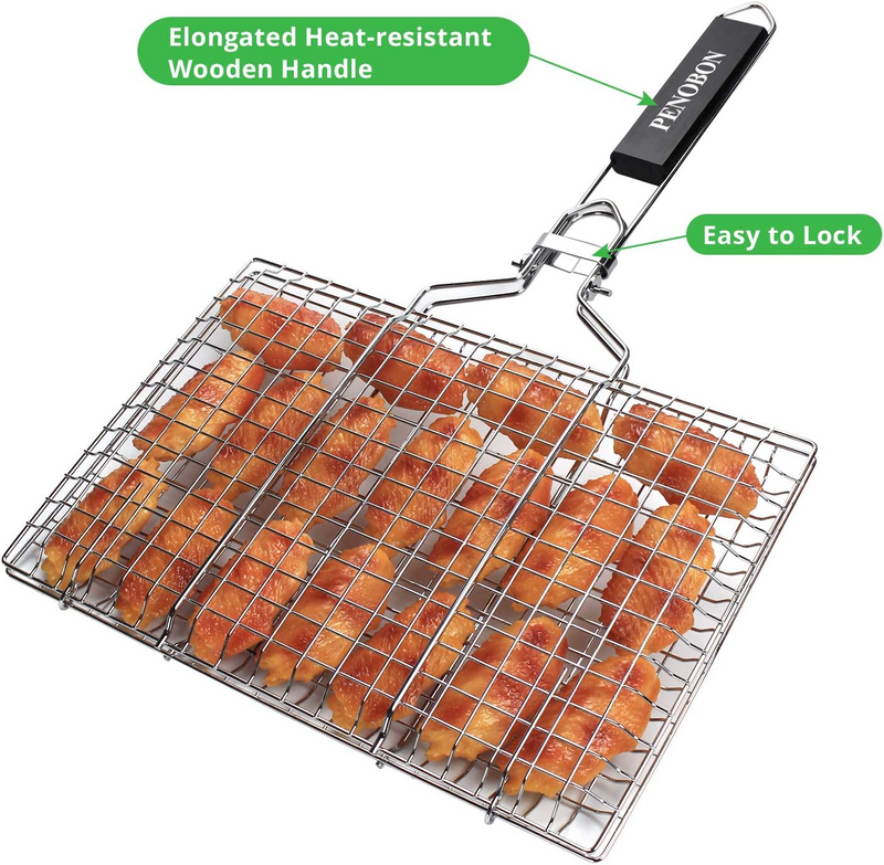 Fish Grilling Basket, Folding Portable Stainless Steel BBQ Grill Basket for Fish Vegetables Shrimp with Removable Handle, Come with Basting Brush and Storage Bag (01) - Barbecue Whizz...Watch My Smoke!