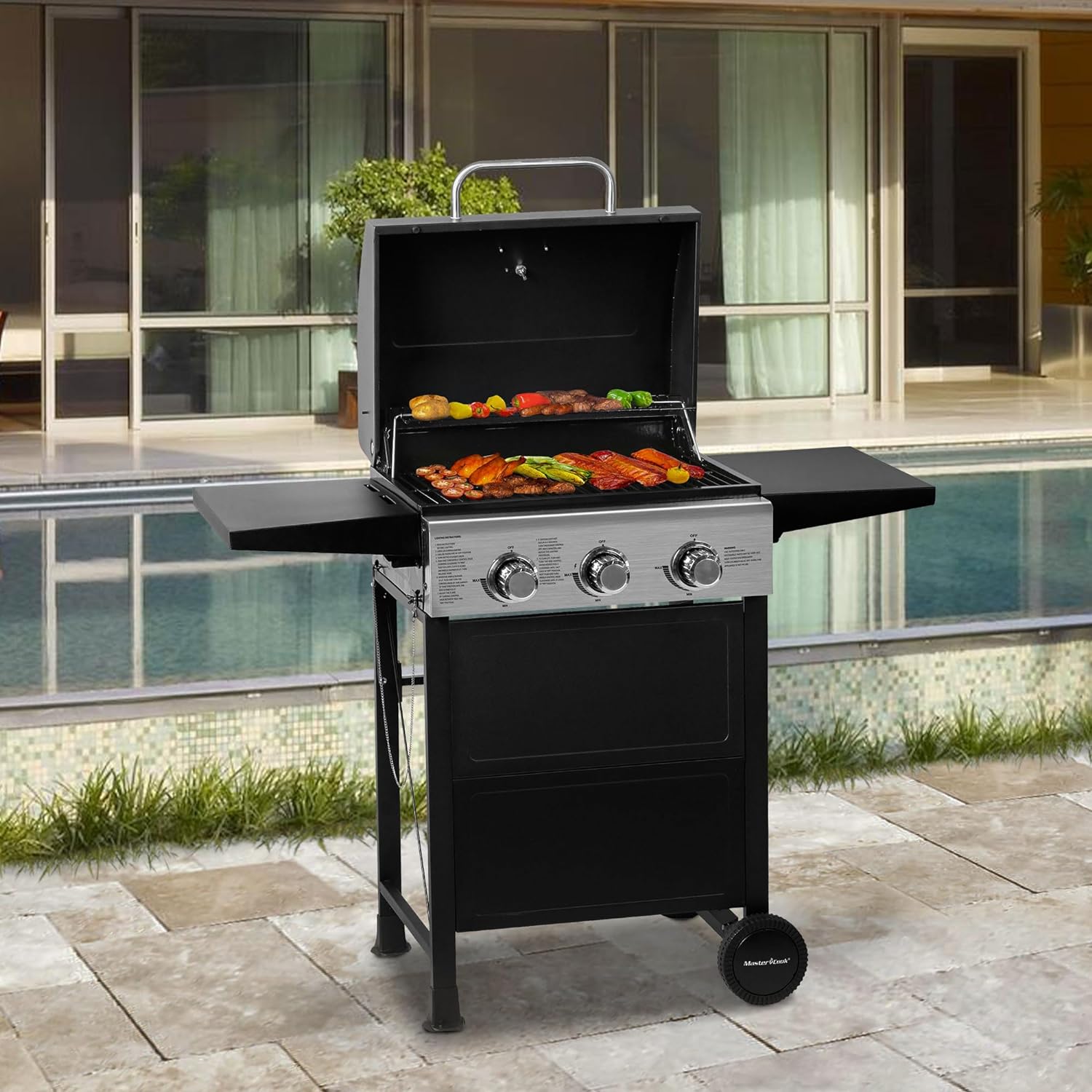 MASTER COOK 3 Burner BBQ Propane Gas Grill, Stainless Steel 30,000 BTU Patio Garden Barbecue Grill with Two Foldable Shelves - Barbecue Whizz...Watch My Smoke!