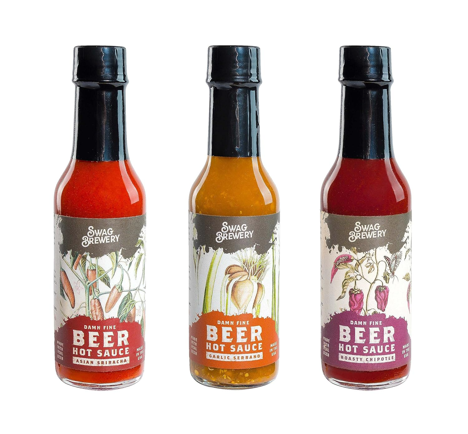 Beer-infused Hot Sauce Variety 3-pack (Includes Asian Sriracha, Garlic Serrano, & Roasty Chipotle) - Craft Beer Gift, Hot Sauce Gift Set, Beer Sauce, BBQ Sauce, Beer Lover, Grill + Man Cave - Barbecue Whizz...Watch My Smoke!