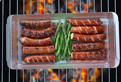 Yukon Glory™ BBQ 'N SERVE Grill Basket Set - Includes 3 Grilling Baskets a Serving Tray & Clip-on Handle - "Patented Grill-to-Table Design" Perfect For Grilling Fish Veggies & Meats - Barbecue Whizz...Watch My Smoke!