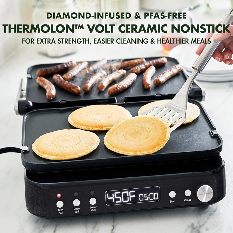 GreenPan 6-in-1 Multifunction Contact Grill & Griddle, Healthy Ceramic Nonstick Reversible Grill & Griddle Plates, Dual Heat Settings, Closed Panini Press, Open Flat Surface, PFAS-Free, Matte Black - Barbecue Whizz...Watch My Smoke!