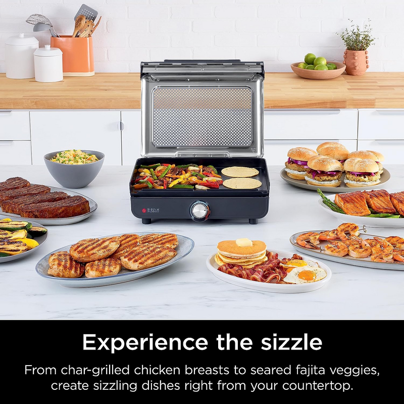 Ninja GR101 Sizzle Smokeless Indoor Grill & Griddle, 14'' Interchangeable Nonstick Plates, Dishwasher-Safe Removable Mesh Lid, 500F Max Heat, Even Edge-to-Edge Cooking, Grey/Silver - Barbecue Whizz...Watch My Smoke!
